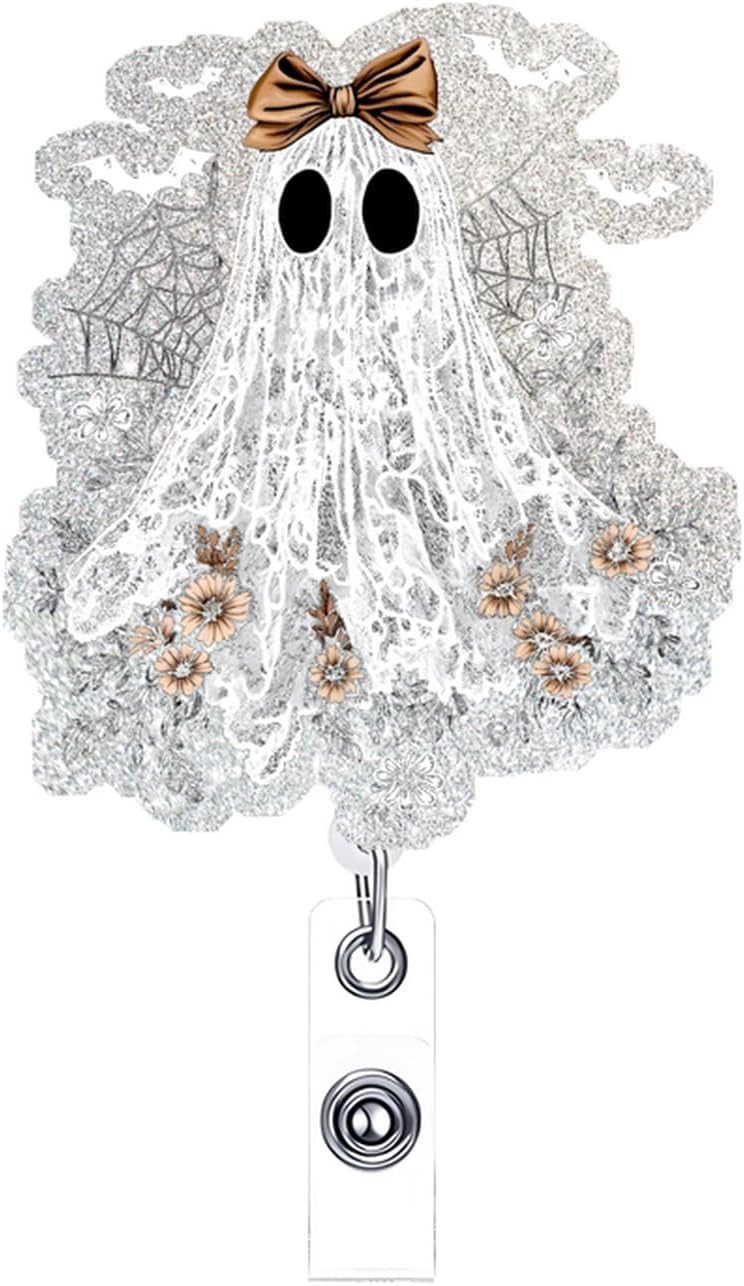 NSSHEL Ghost Badge Reel Retractable Badge Clips Holder with Alligator Clip Glitter Cute Halloween Spooky Badge Holders Spider Web Designs for Nurses Doctors RN EN Paramedic Medical Office - Image 1